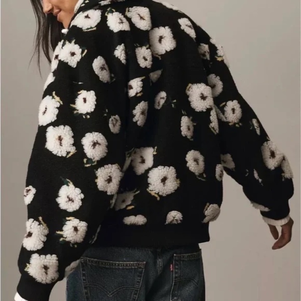 NWT By Anthropologie Floral Sherpa Fleece Bomber Jacket - Picture 2 of 6